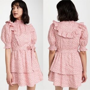 English Factory smocked elastic mock neck mini dress sz S Floral Ruffle details